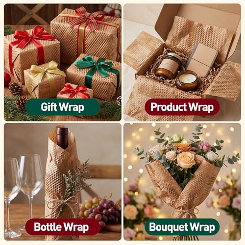 Honeycomb Packing Paper, 10 Inch x 200 FT – Eco-Friendly Recyclable Cushioning Wrap Roll for Moving & Shipping, Bubble Wrap Alternative with Rope, Ribbon & 40 Fragile Stickers - size: 10" x 200'