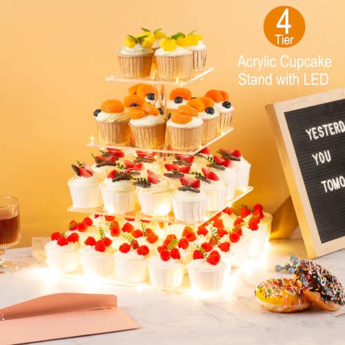 4 Tier Cupcake Stand Cupcake Holder with LED, Acrylic Square Cupcake Tower