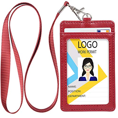 Teskyer Leather ID Badge Holder with Lanyard, Vertical Wine Red - color: Wine Red, size: Vertical