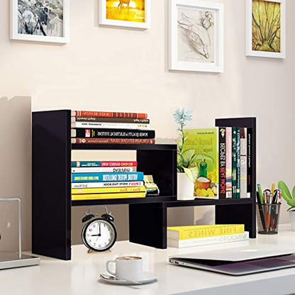 Hossejoy Desk Shelf, Adjustable Desktop Storage Organizer, Wood Display Shelf Rack, Office Supplies Desk Organizer, Black - color: Black