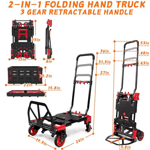 2-in-1 Folding Hand Truck with Folding Basket,Hand Truck with Retractable Handle, 330LBS Capacity Heavy Duty Hand Dolly, Dolly Cart with Wheels for Luggage/Moving/Travel - color: Red-a