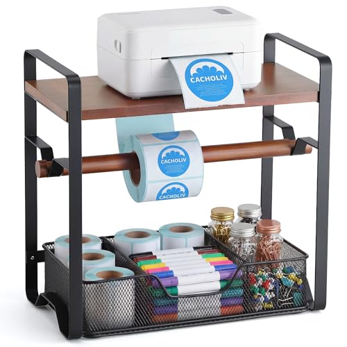Label Holder for Thermal Printer - Sticker Roll Dispenser - Shipping Lable Holder for Rolls and FanFold Labels - Thermal Printer Stand for Home, Office, Small Business (Walnut-Black) - color: Walnut Black