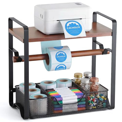 Label Holder for Thermal Printer - Sticker Roll Dispenser - Shipping Lable Holder for Rolls and FanFold Labels - Thermal Printer Stand for Home, Office, Small Business (Walnut-Black) - color: Walnut Black