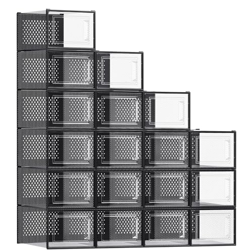 SONGMICS Shoe Boxes, Clear Plastic Sneaker Box, Pack of 18 - color: Transparent + Black, size: XXL-18pcs