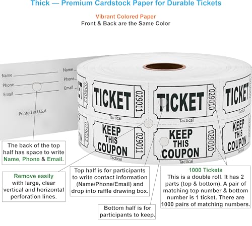 Tacticai 1000 Raffle Tickets, 50/50 Double Roll, White - color: A - Double Roll - 1,000 Tickets - Keep - White
