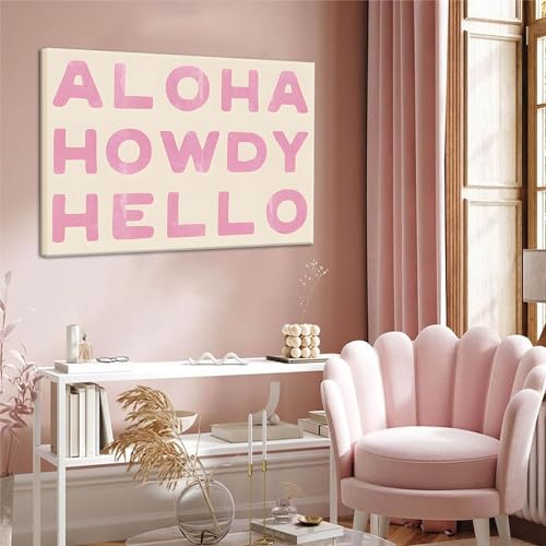 Aloha Howdy Hello Wall Art, Trendy Western Coastal Cowgirl Room Aesthetic Canvas Poster,Preppy Pink Text Pictures Horizontal Funky Bar Cart Prints For Teen Girl Dorm Bedroom Wall Decor Framed (pink,