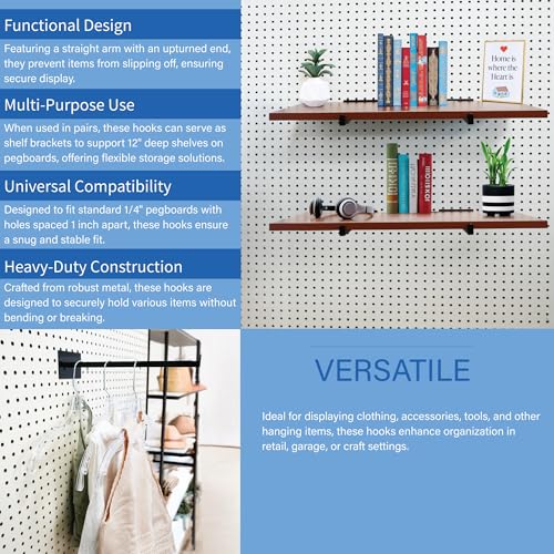 12" Pegboard Straight Arm Faceout Hook, Peg Shelf Bracket, Black, 10 Pack - size: 10 Pack