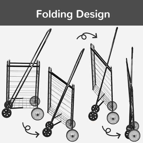 Elevon Foldable Shopping Utility Cart, Collapsible Durable Grocery Utility Cart with Rolling Wheels for Easy Storage, Laundry, Book, Luggage Travel, Compact Portable, Black
