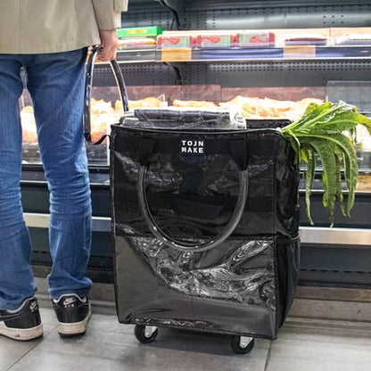 Reusable Grocery Bag with Wheels, Large Black Rolling Tote - color: Black, size: Large