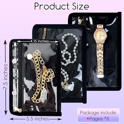 Travel Jewelry Organizer Case,Small Jewelry Bags Jewelry Storage Book Ring Binder with Clear Zipper Velvet Pouch for Traveling (Inner Pages,Black,3 PCS,Large) - color: Inner Pages,Black,3 PCS,Large