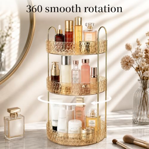 Large Capacity Rotating Makeup Organizer Perfume Stand Holder, 3 Tier Gold - color: Gold, size: 3 Tier (Standard)