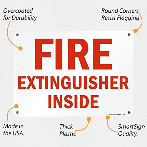 SmartSign 10 x 14 inch “Fire Extinguisher Inside” Sign with Pre-Cleared Holes, Digitally Printed, 55 mil HDPE Plastic, Red and White - size: 10" x 14" Plastic
