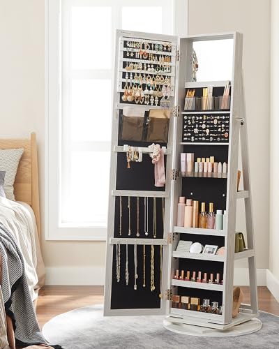 SONGMICS 360° Swivel Jewelry Cabinet, Full-Length Mirror, Lockable - color: White, style: Framed Mirror, Classic