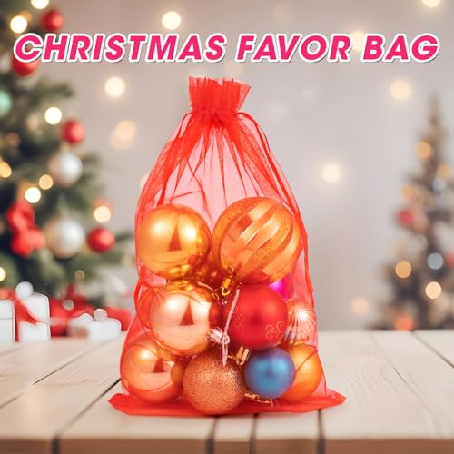 ANZNKU 50 Pcs Large Organza Bags 8x12, Red Small Mesh Gift Bag Drawstring - color: Red