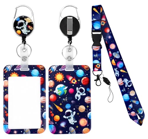 Lanyard with Card Holder, Retractable Badge Reel with Belt Clip for Id Badge Holder Keys Cute Space Planets Astronauts Neck Key Lanyard Detachable for Kids Women Nurses Teacher Student School Supplies - style: Space