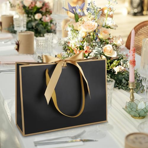 STOBOCTER 6 Pcs Elegant Paper Gift Bags with Handles 12.6''x4''x9.1'' Thank You 5 Senses Gift Bags with Bow Ribbon for Father's Day Wedding Bridesmaid Groomsmen Graduation Birthday Party(Black, Gold) - color: Black, Gold, size: 1 Count (Pack of 6)