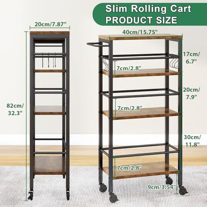 IBUYKE Slim Rolling Storage Cart, Kitchen Cart Utility Shelving UTMJ065H - color: Brown, size: 15.75"D x 7.9"W x 32.3"H