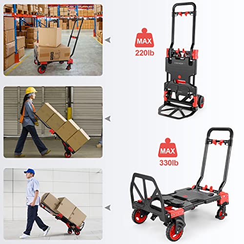 Folding Hand Truck Dolly, 330lb Convertible 4 to 2 Wheel Moving Cart, Red - size: 330LB