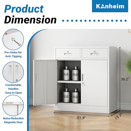 Metal Storage Cabinet, 36" Locking Cabinet with 2 Drawers & Shelves - color: White, size: 36"H×32"W×16"D-2Drawer