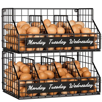 Egg Basket, Stackable Wall Mount Egg Holder Countertop with Weekday Labels - color: Black, size: 2-Tier（with printed labels）