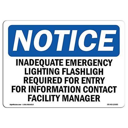 OSHA Notice Sign - Inadequate Emergency Lighting Flashlight | Rigid Plastic Sign | Protect Your Business, Work Site, Warehouse & Shop Area | Made in The USA - size: 14" X 10" Rigid Plastic