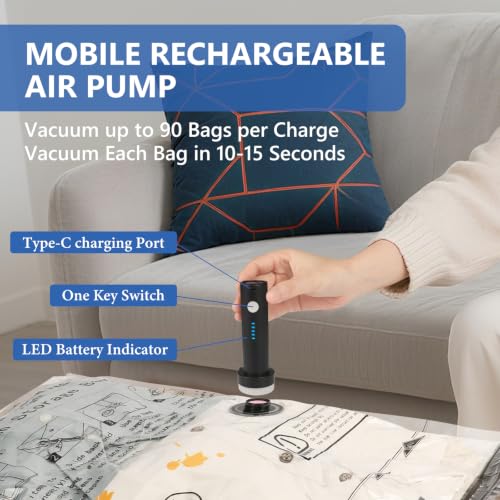 12 Pack Travel Vacuum Bags for Clothing with Rechargeable Wireless air Pump - size: 12 Combo Size (Blue)