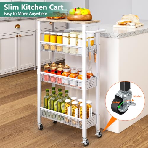 Vivihomety 4-Tier Slim Utility Rolling Laundry Cart with Wheels, Metal - color: White, size: 7.1 inch wide