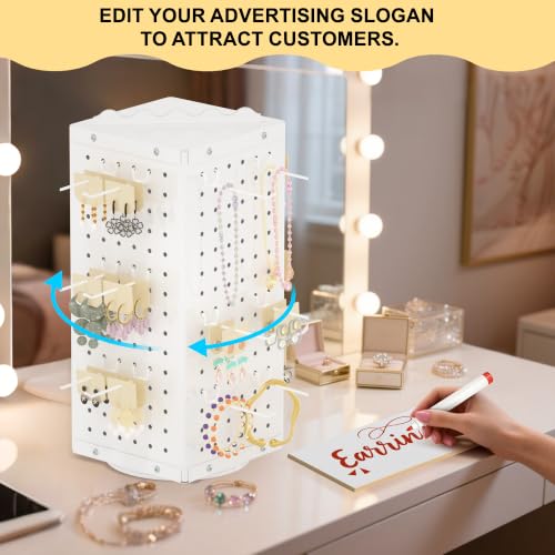 Urban Deco 360° Rotating Pegboard Display Stand with Signage, 4-Sided Spinning Peg Board Stand with 24 Hooks for Jewelry, Earring & Keychain Holder Displays for Craft Shows & Vendor Events (White) - color: White