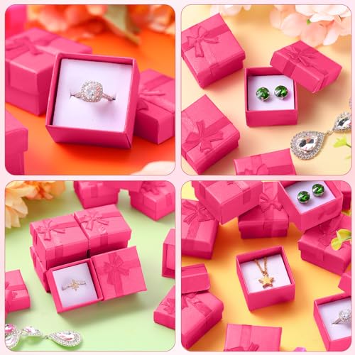 Huquary 160 Pcs Ring Gift Box Bulk with Ribbon Bow Cardboard Jewelry Gift Box for Proposal Wedding Birthday Earring Display(Hot Pink) - color: Hot Pink