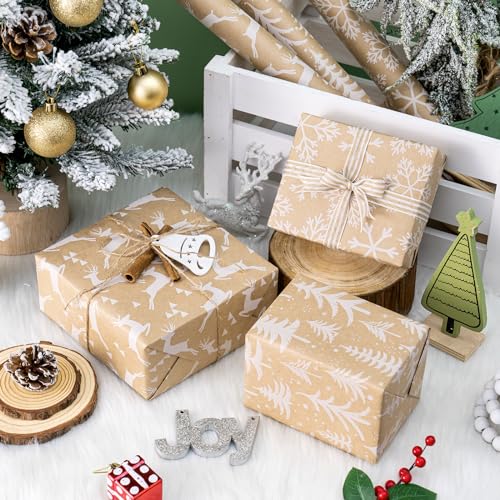 WRAPAHOLIC Kraft Christmas Wrapping Paper Roll - Mini Roll - 3 Rolls - 17 Inch X 120 Inch Per Roll - White Christmas Tree, Reindeer, Snowflake Holiday Collection - color: Kraft - White