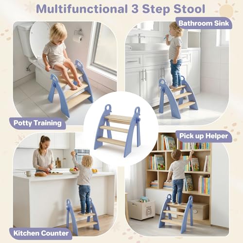 Step Stool for Toddlers & Kids, Bathroom Sink, 3-Step Foldable, Blue - color: 3 Step Blue