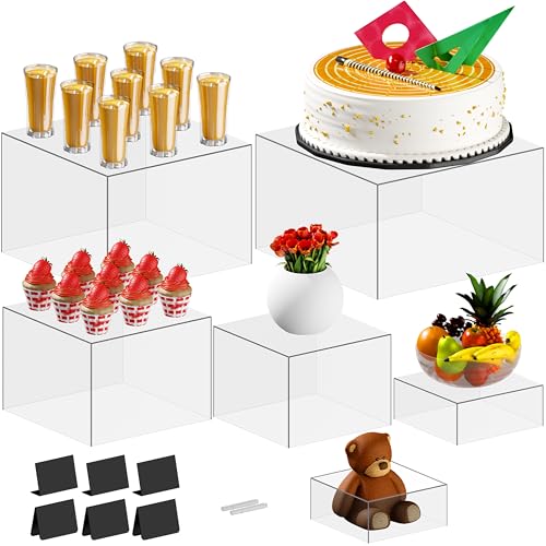 6 PCS 12" to 6.8" Clear Buffet Risers with Mini Sign and Makers, Large Food Risers for Buffet Table, Display Shelf Stands for Party, Catering, Dessert, Jewelry Collectibles, Nesting Cube Boxes with Hollow Bottoms Set (12",10",9",8",7.5",6.8")