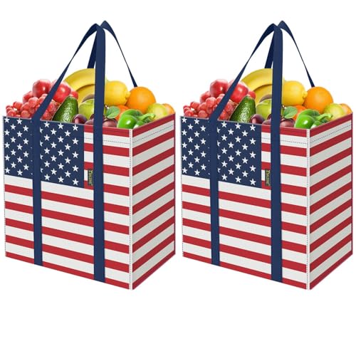 BALEINE 2 PK Grocery Bags Reusable Shopping Bags with Reinforced Bottom, Heavy Duty Foldable Tote Bags (Patriot Celebration) - color: Patriot Celebration, size: 2 PK