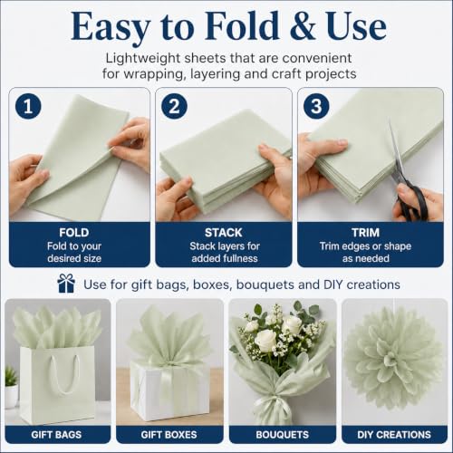 ROVIBIOBIO 100 Sheets Sage Green Tissue Paper for Gift Bags, 20 x 14 Inch - color: Sage Green