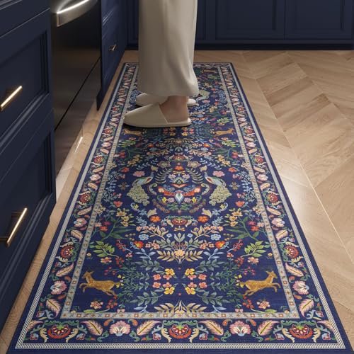 Rugcomf Runner Rug 2x5 Floral Washable Non Slip, Blue - color: Blue, size: 2' x 5' (Rectangular)