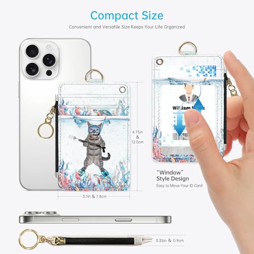 2-in-1 ID Badge Holder & Lanyard Wallet，Cute Zippered Pouch Diving Cat - color: Funny Diving Cat