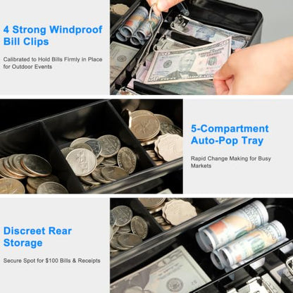 KYODOLED Metal Cash Box with Key Lock, Anti-Theft Cable & Waterproof Pouch - color: Black-Cable