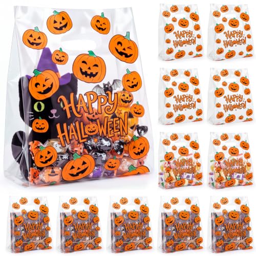 Pasimy 25 Pcs Halloween Bags with Handles, 11.8x7.9'' Clear Pumpkin - style: Pumpkin