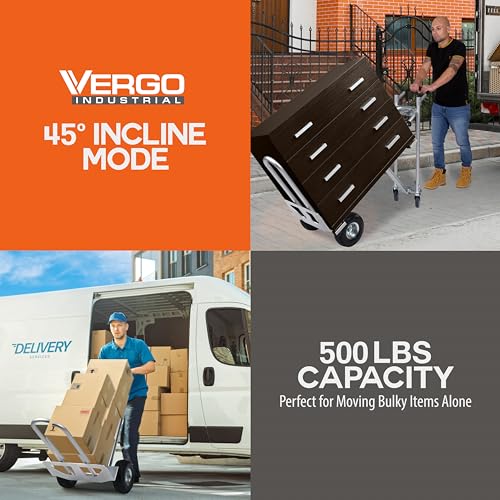 Vergo Industrial Convertible Hand Truck - AS7A2 Heavy Duty Aluminum 3 in 1 Dolly (750 lb Capacity) Lightweight Frame, Ergonomic Handle, Extendable Loop, Versatile Moving Dolly (3 Positions, 53" High) - size: 3 Positions, 53" High