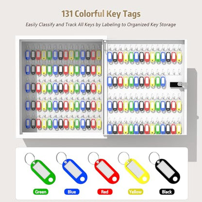 Key Cabinet Lock Box with 131-Keys: Steel Wall Mount Key Box Organizer - Large Storage and Secure Combination Lock Boxes for Home Office Business - White - color: White