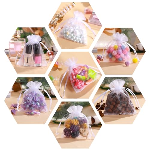 WenTao 100 Pcs Organza Bags 3×4 Inches, White Sheer Organza Gift Bags with Drawstring, Jewelry Favor Pouches Christmas Candy Wedding Birthday Party Bags - color: White