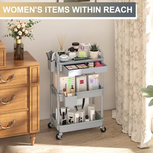 Goovilla 3 Tier Rolling Utility Cart Organizer with Removable Drawer, Grey - size: 3 Tier, style: Gray