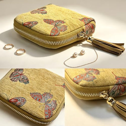 Women's Coin Purses Velvet Mini Travel Jewelry Case Bag with Tassel - color: B-Tan Butterfly