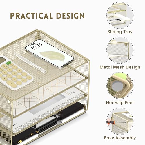 DALTACK 3 Tier Letter Tray Paper Organizer with Sliding Mesh Trays Yellow - color: Golden Yellow
