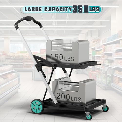 Collapsible Shopping Cart, Foldable Shopping Cart with 2 Storage Crates, 350 LBS Capacity 2-Tier Multi Use Heavy Duty Adjustable Grocery Carts for Supermarket, Office and Outdoor