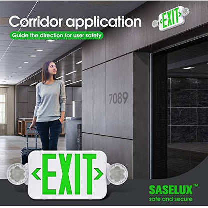 Green Led Exit Sign Emergency Light Combo Adjustable Two Head, Double Sided and Battery Backup Exit Light, Contractor Select, AC 120/277V (1 Pack) - size: 1