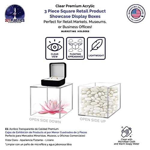 Marketing Holders Acrylic Display Riser Box Clear 4" 5" 6" Set One Open Side No Lid Merchandise Storage Caddys or Bins Hollow with Open Bottom Retail Product Risers - size: 4" 5" 6" Cubes-Clear