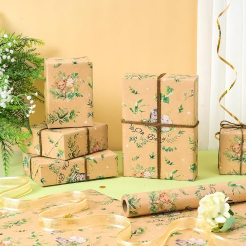 WERNNSAI Woodland Animal Kraft Wrapping Paper, 33 ft Baby Shower Wrap - color: Baby Animal-Grassland