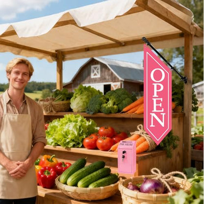 Locking Metal Cash Box with Key – 10.2"x5.7"x2.8" Money Collection Safe for Farm Stand or Retail – OPEN Flag Banner Kit with Pole & Bracket, Double-Sided Canvas Open Sign 42"x12" (Pink) - color: Pink