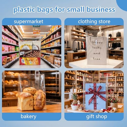 100 Clear Plastic Bags With Handles - color: Happy lucky and free, size: 12.6"x14.2"